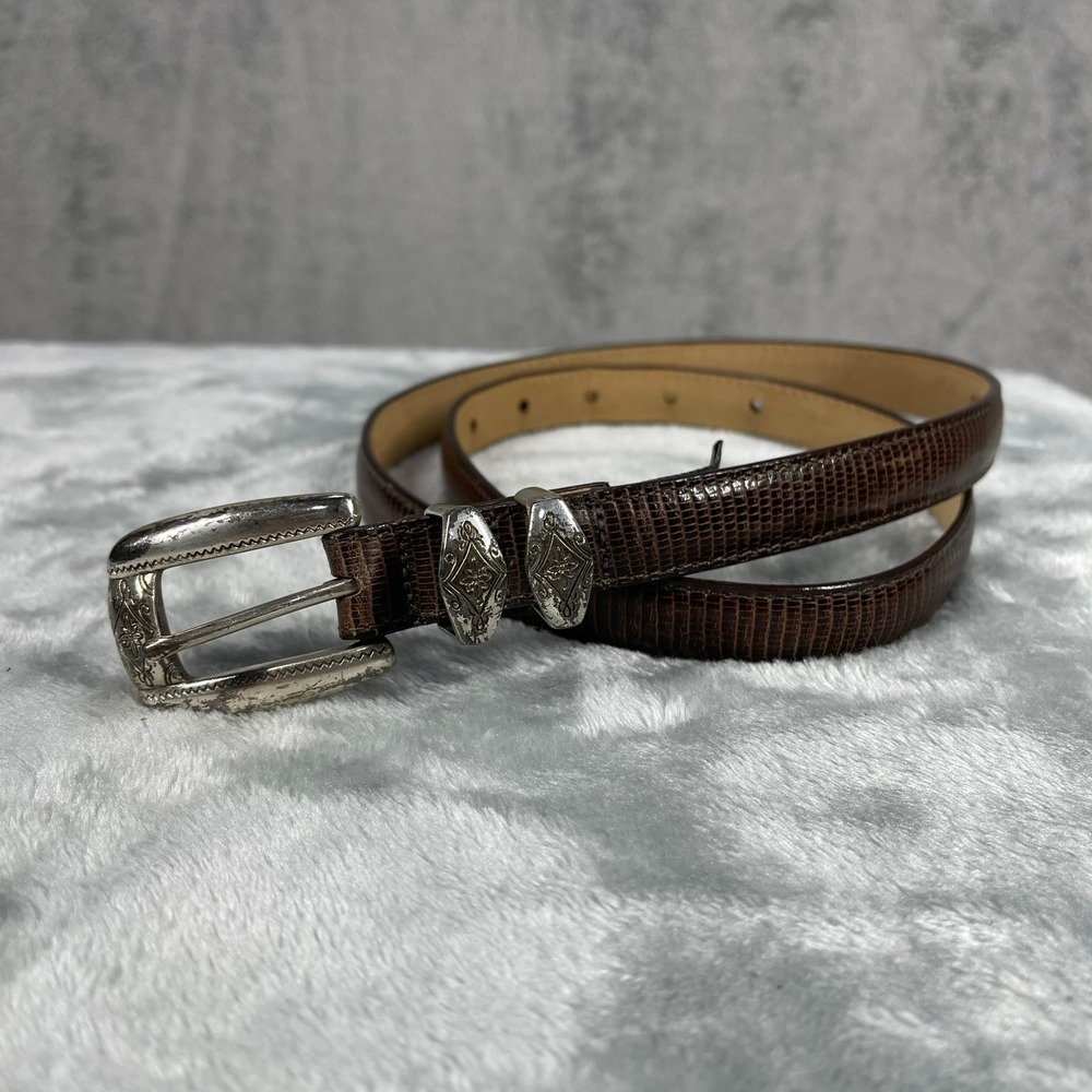 Brighton Belt Men L Brown Lizard Embossed Silver Western Buckle 23009 USA